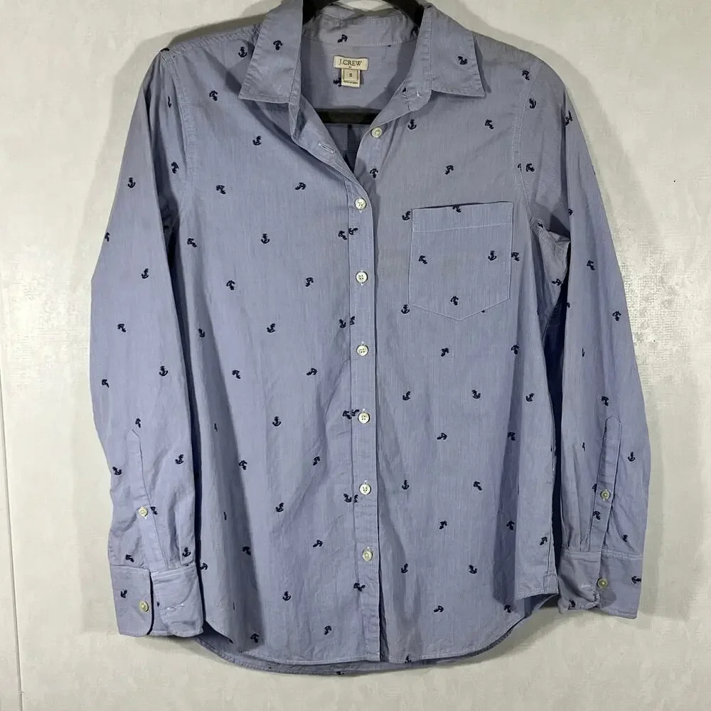 J. Crew Women's Cotton Shirt Light Blue with Navy Anchors Fine Stripe